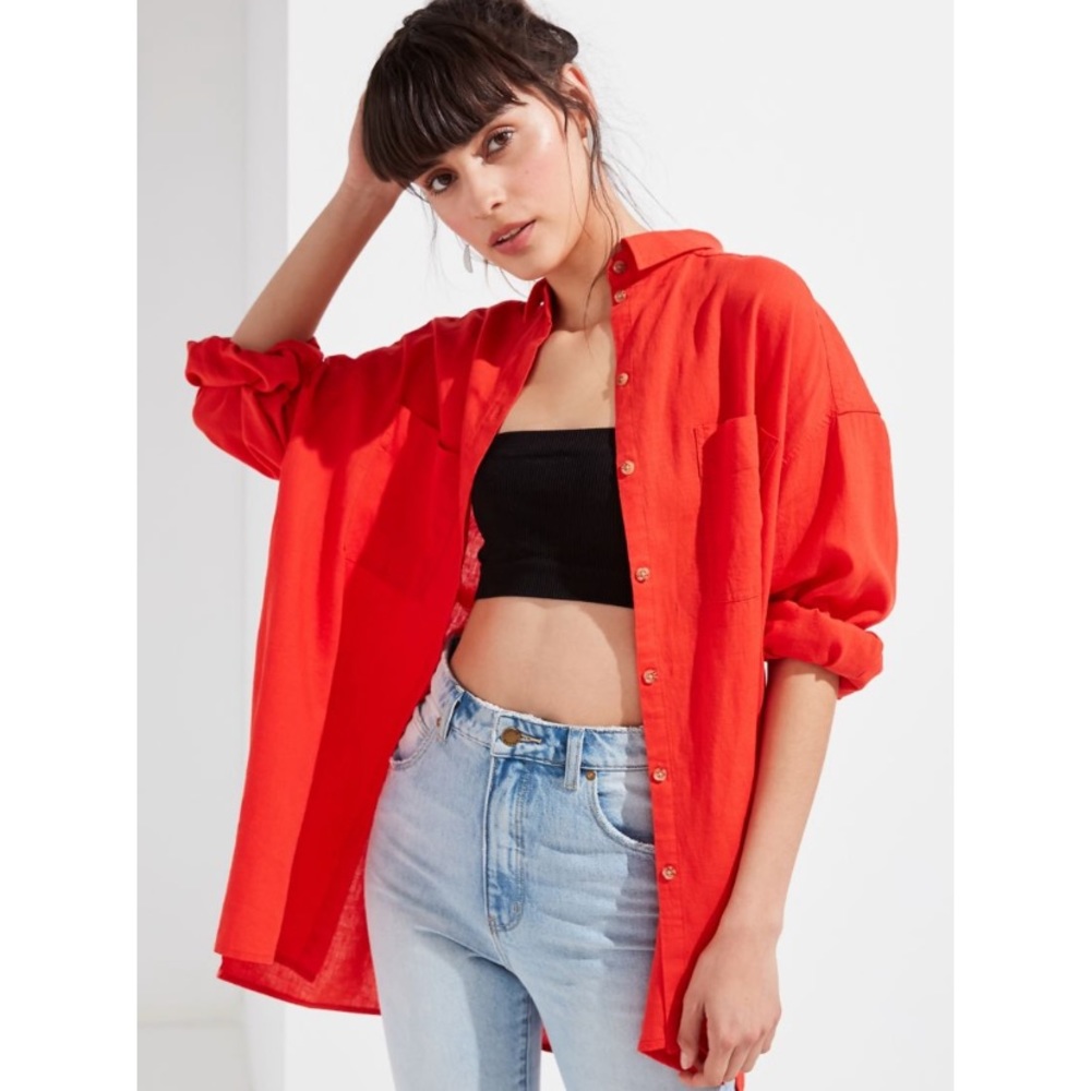 orange oversized linen button-down